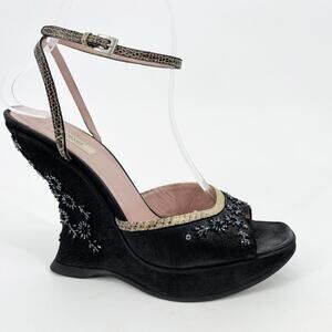 Prada Vintage Black Suede Snakeskin Floral Beaded Strappy Wedge Sandal IT 37